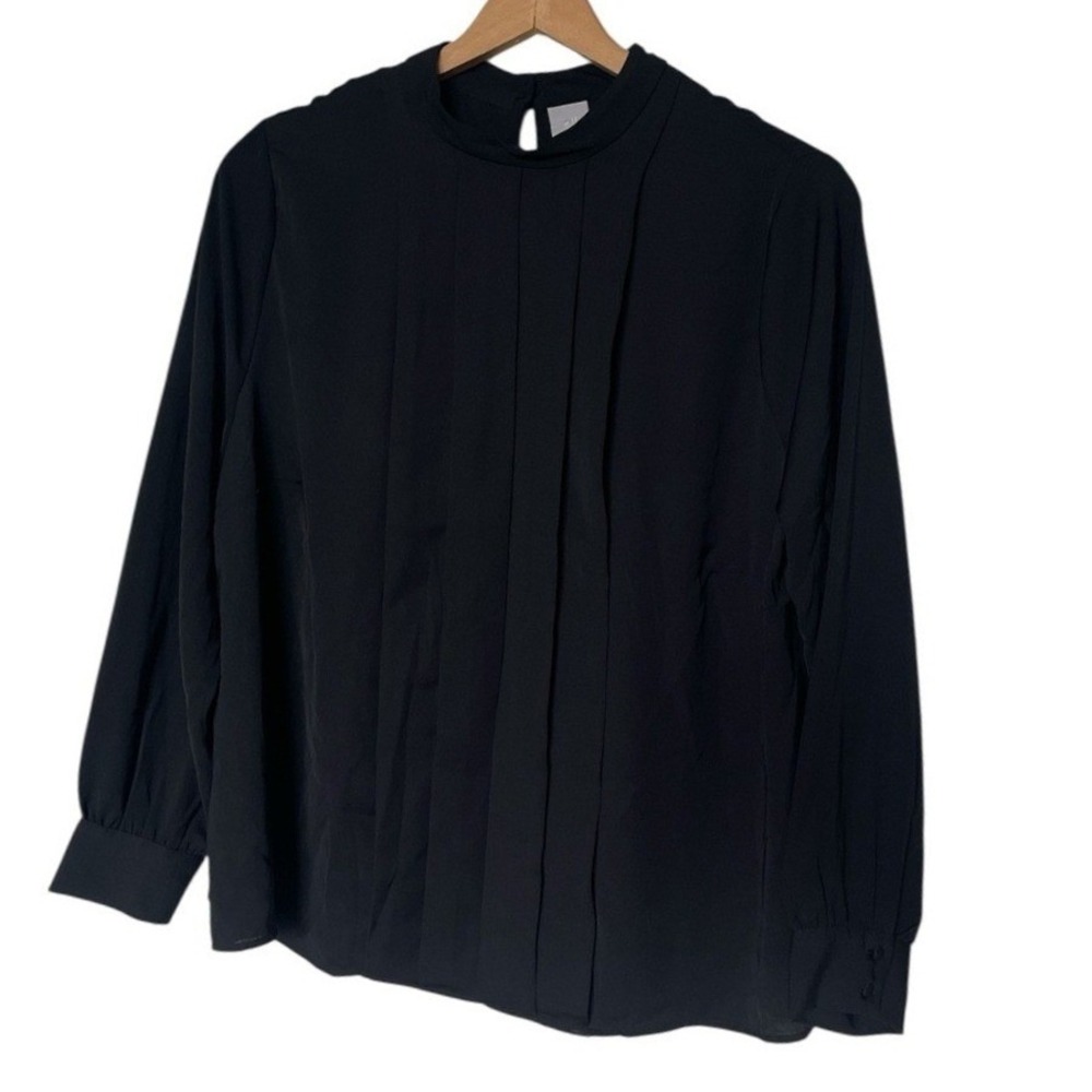 H&M Blouse Womens XXL Mock Neck Black Pleated Front EUC